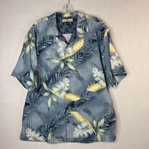 Tommy Bahama 100% Silk Shirt M Light Blue Tropical Leaves